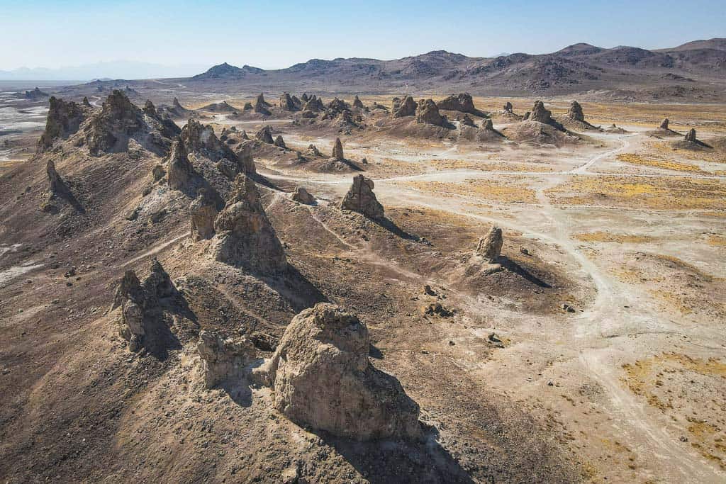 Aerial View of Trona Pinnacles in the california desert road trip highway 395