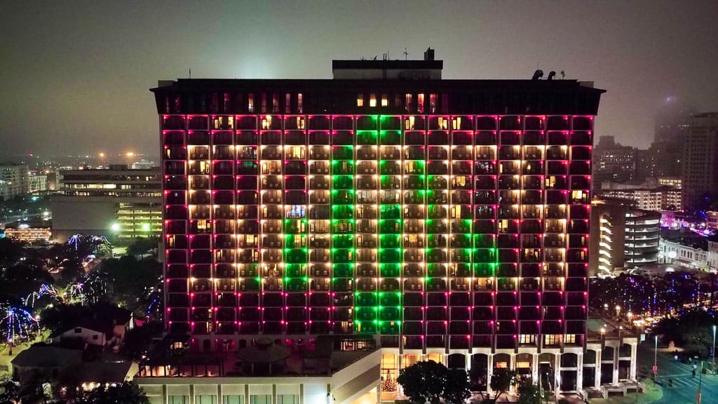 Christmas tree lights on hotel in san antonio