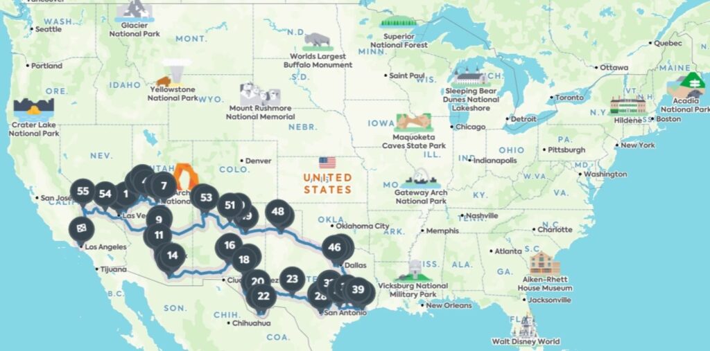 USA Southwest Road Trip of a lifetime Map of entire route whole united states
