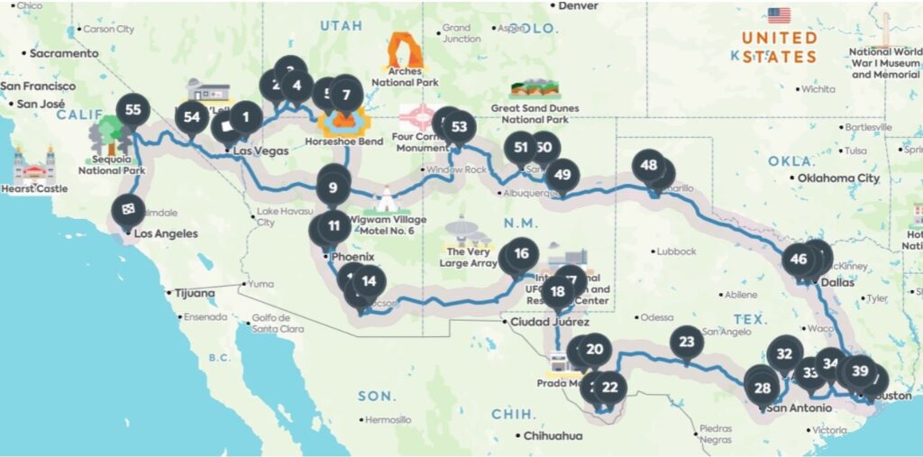 USA Southwest Road Trip of a lifetime Map of entire route partial united states