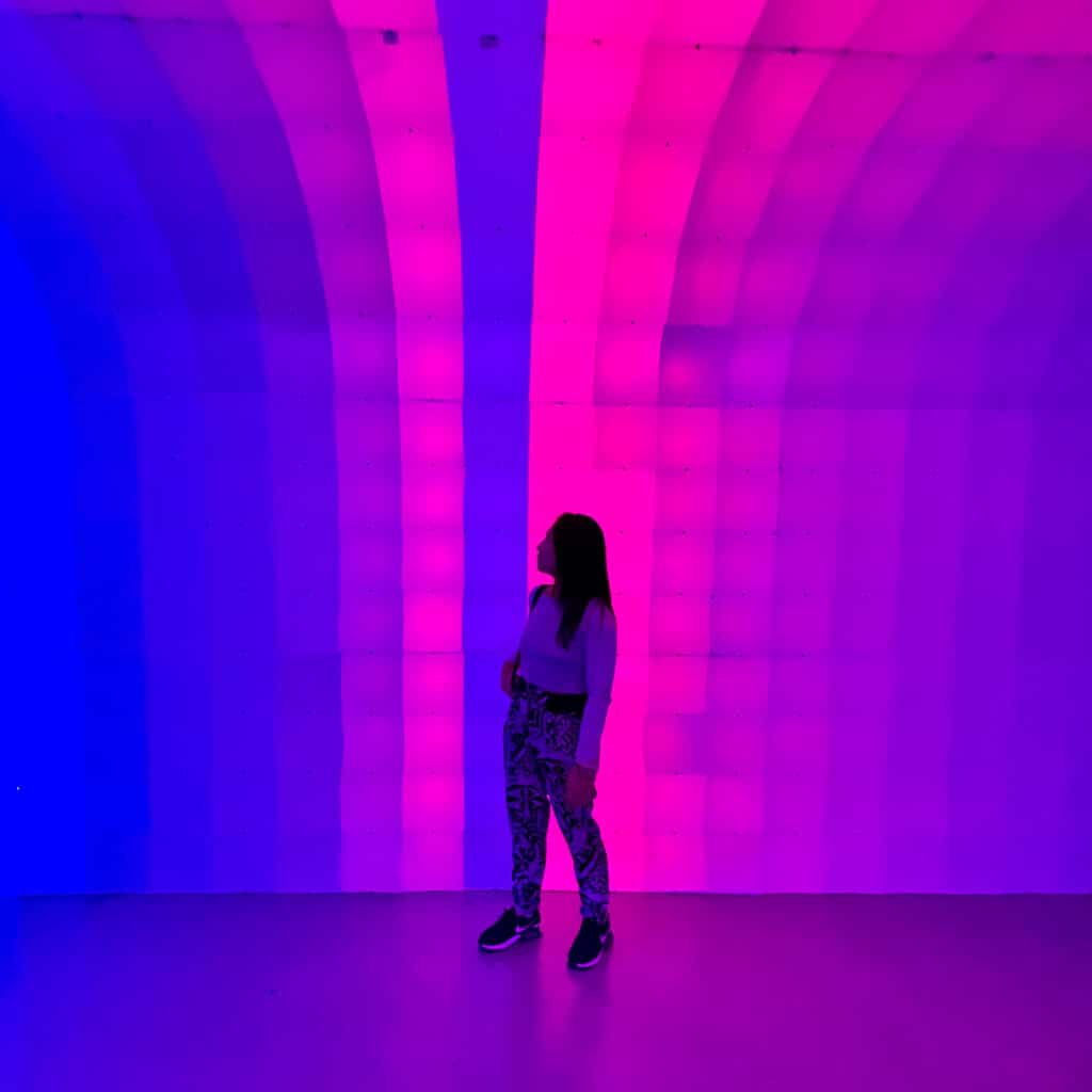 Colorful LED screen silhouette in Wonderspaces Austin Texas