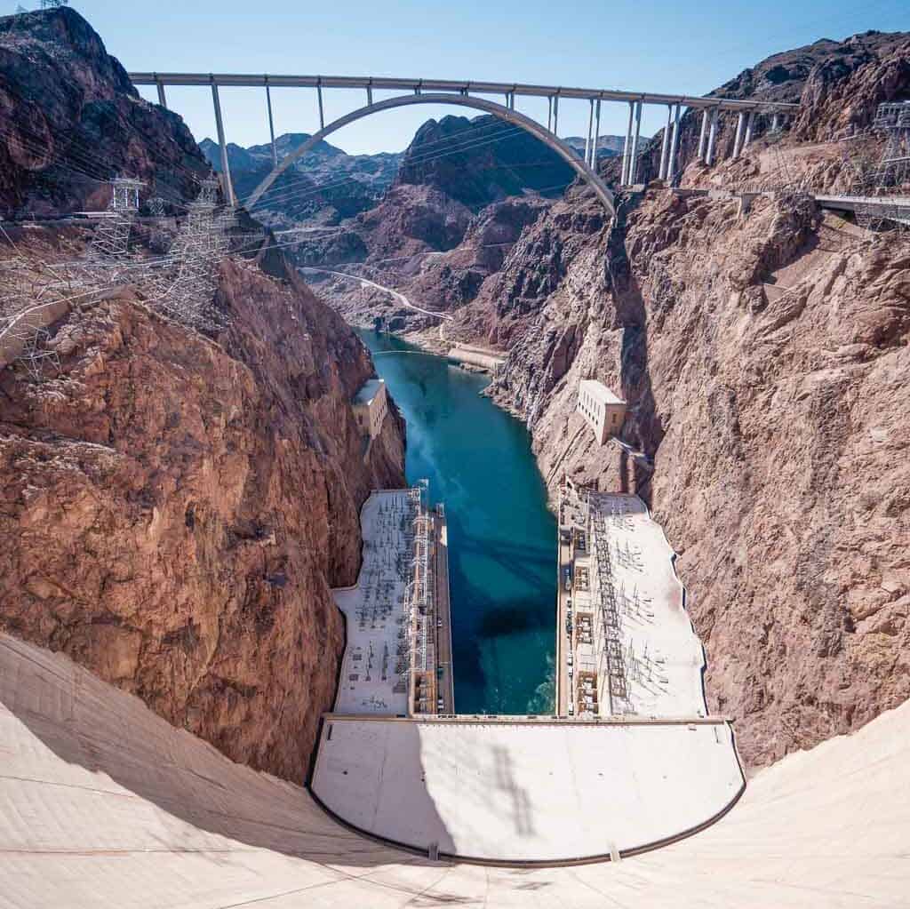 Bird's Eye Viewpoint of The Hoover Dam Looking at Mike O' Callaghan Bridge