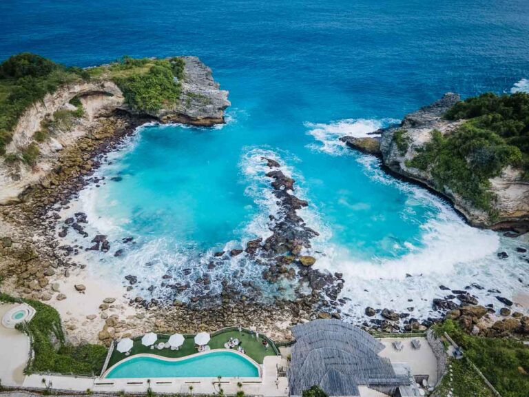 Aerial view of the heart shape of blue lagoon on Nusa Lembongan