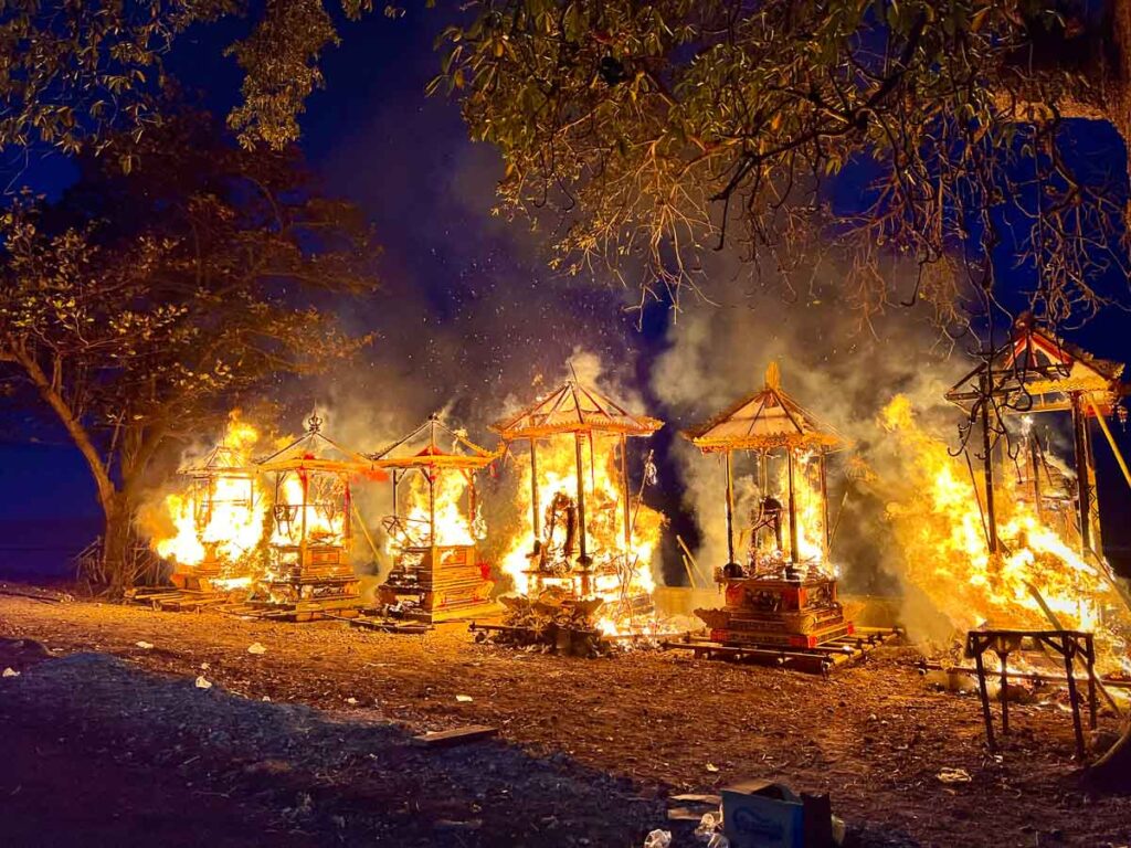 cremation pyres of pitra yadnya ngaben ceremony