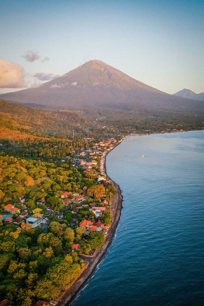 sunset on mount agung, a famous landmark in indonesia