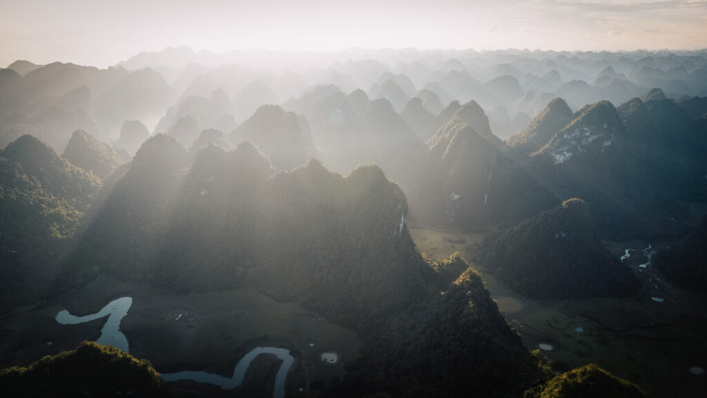 mountain ranges in the cao bang province at sunset