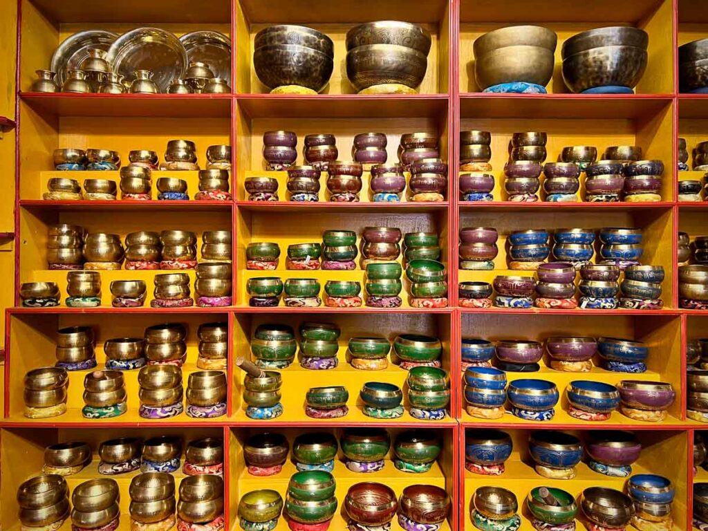 singing bowls in a souvenir shop in kathmandu, something nepal is famous for