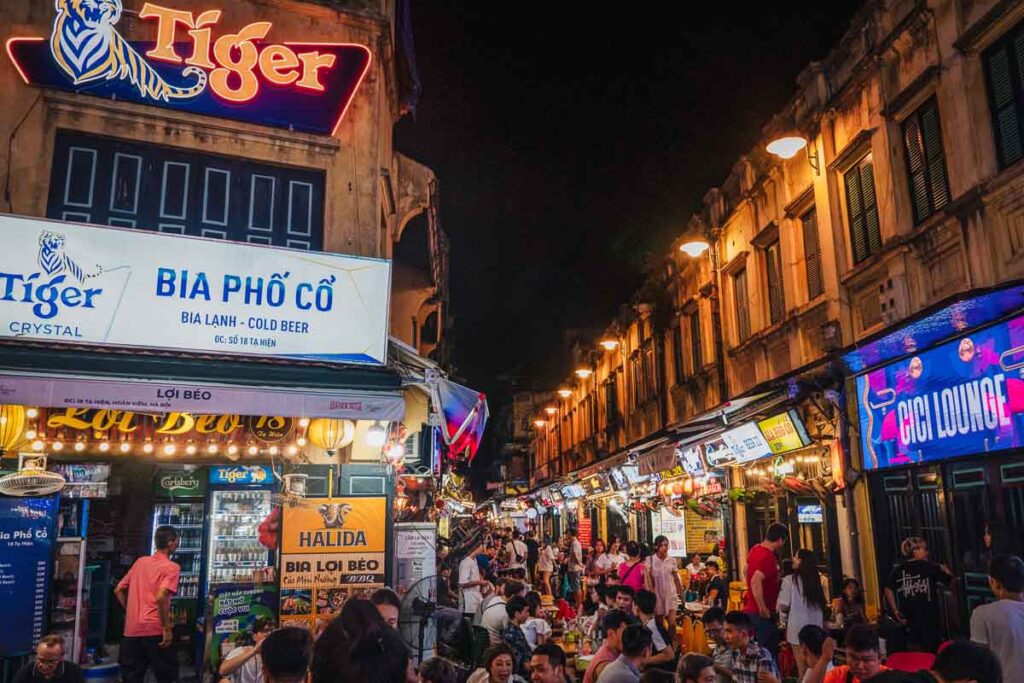 beer street, the best place to party in north vietnam is hanoi old quarter. many expats speak english in this vietnam neighborhood