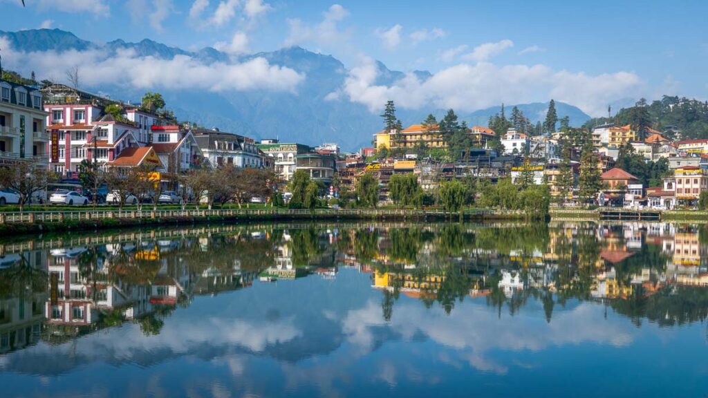 sapa city center reflected on the lake where vietnamese is the primary language spoken in this vietnam city