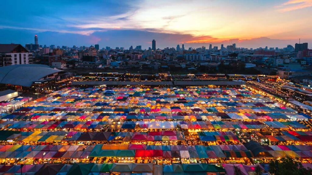 Bangkok, Thailand - Apr 22, 2018: Ratchada Train Market, a field of tents of night market in Thailand