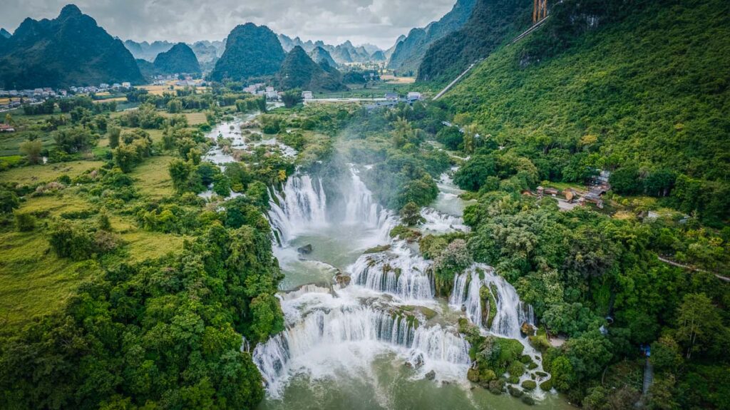ban gioc waterfall from aerial view