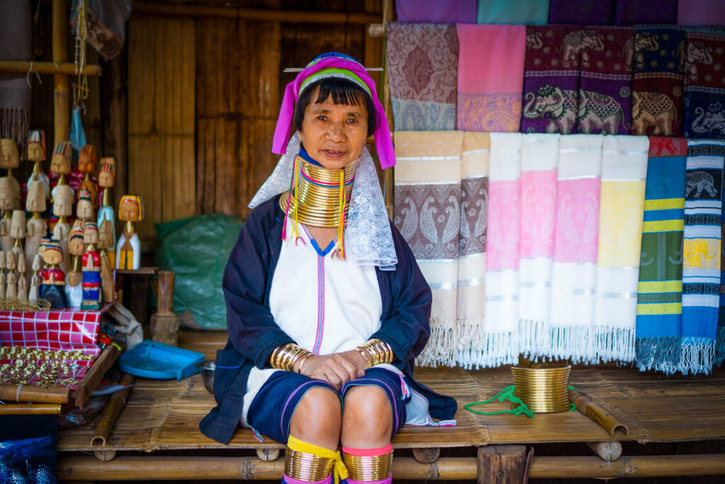 karen long neck tribe villager with brass rings hill tribe of thailand