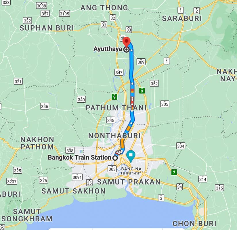 bangkok to ayutthaya map