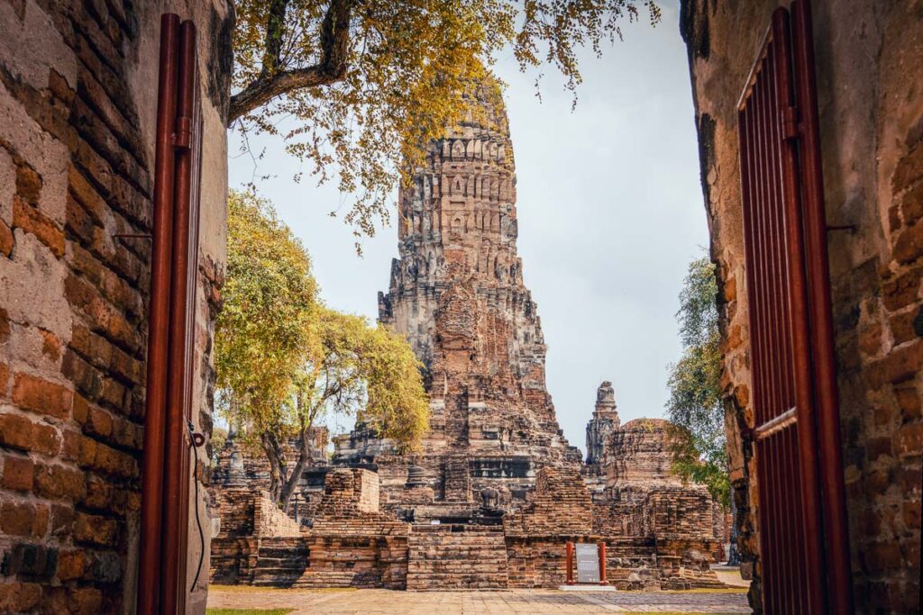 Wat Ratchaburana through the gate is a must visit on a one day ayutthaya itinerary