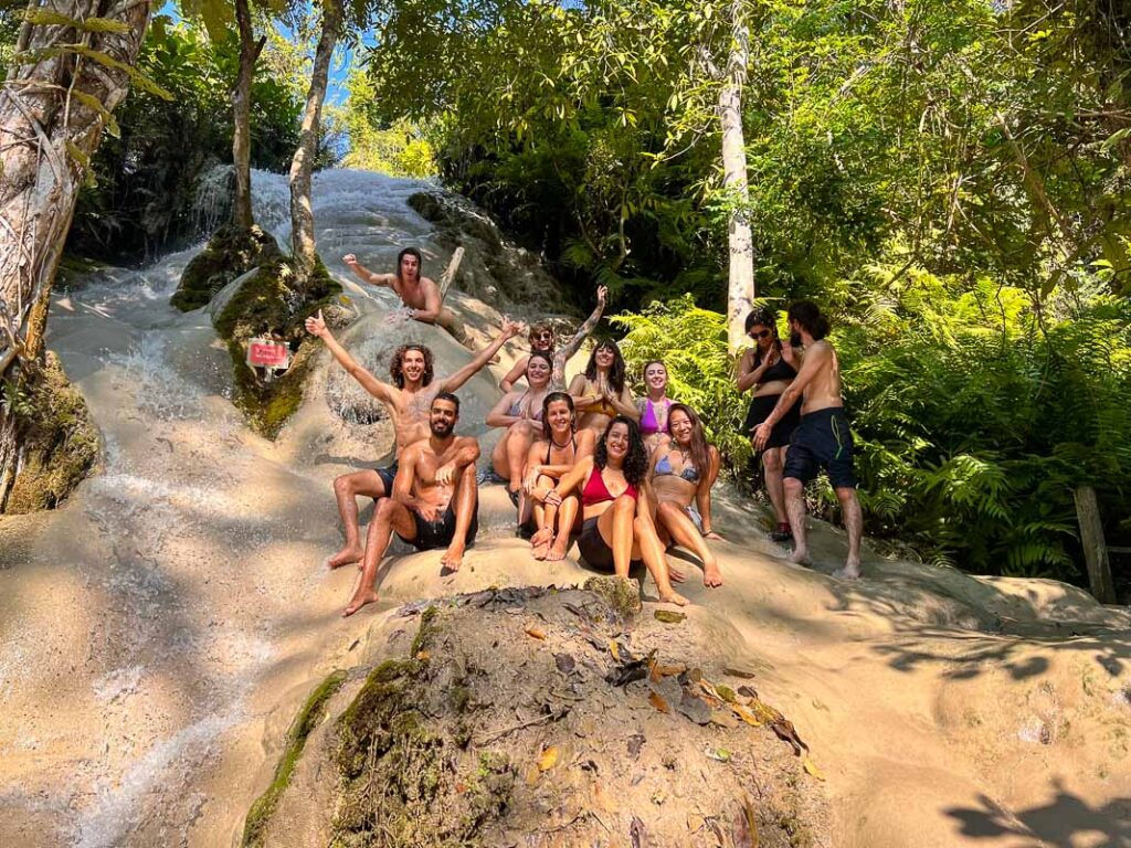 group of friends at bua tong sticky waterfalls  chiang mai 