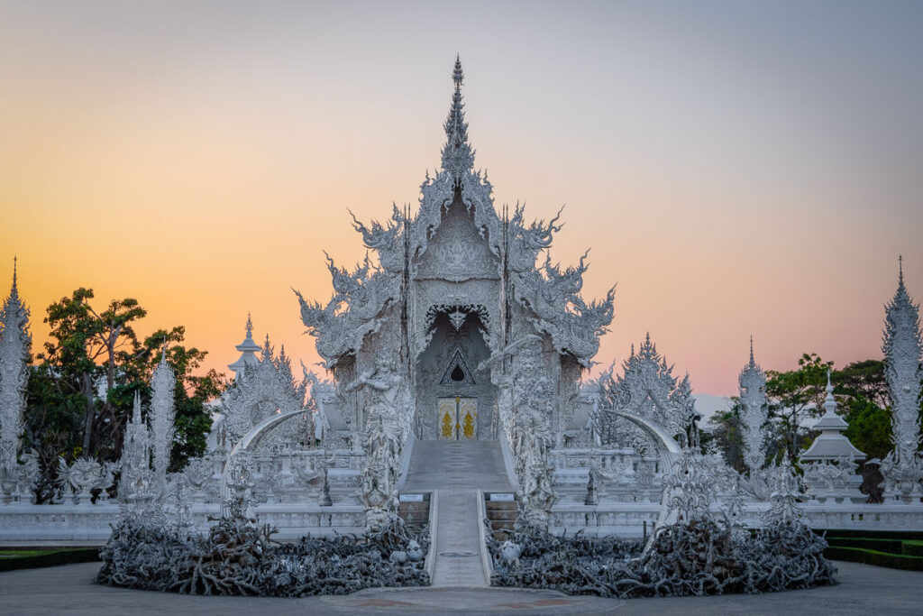 white temple at sunset frontal view
