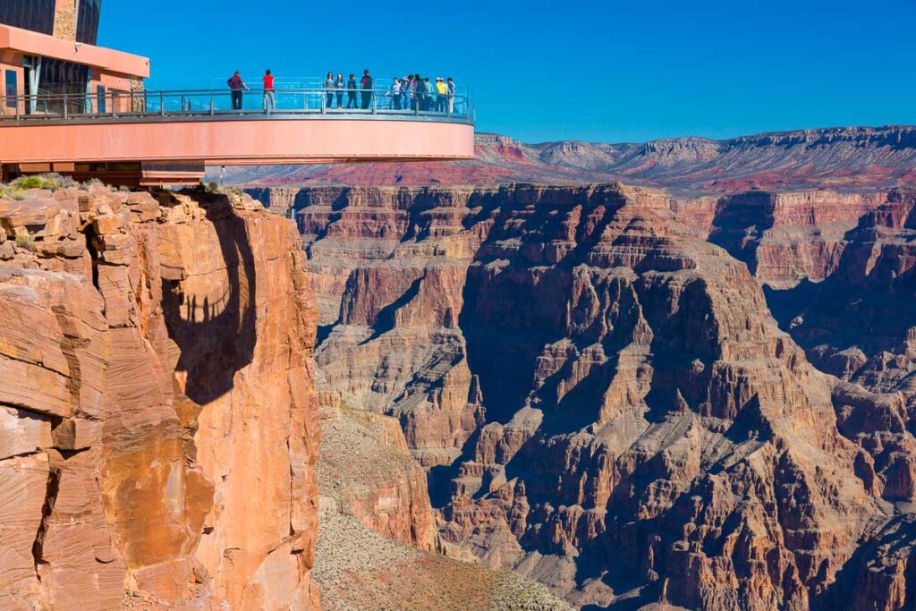 Skywalk in the Hualapai Reservation, in the west rim overhanging over the canyon with some tourists on it