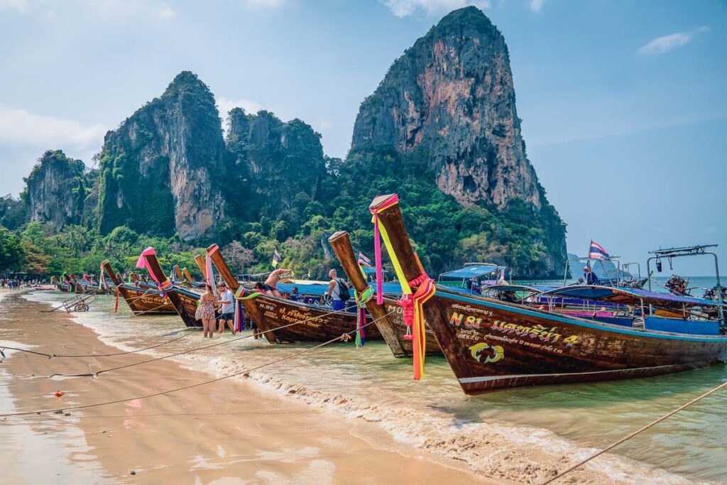 Long tail boats anchored on Railay West Beach 