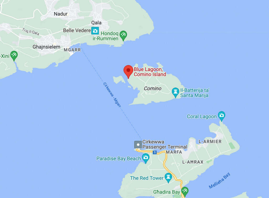 google maps location of malta's blue lagoon comino island