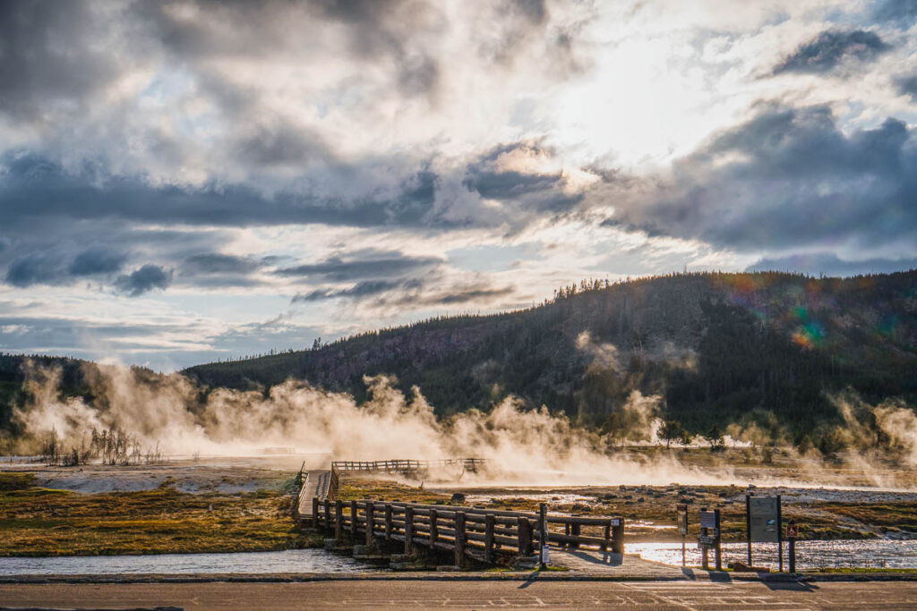 yellowstone geothermal area smoking in the sunset