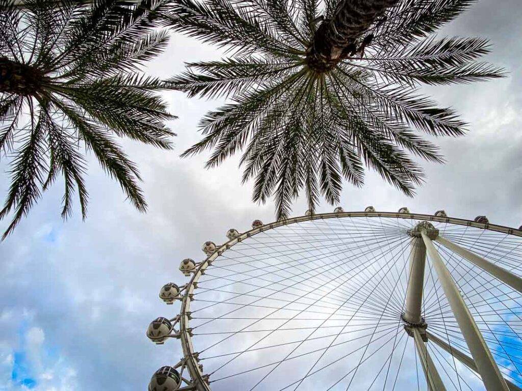 the high roller ferris wheel with palm trees, one of the most famous las vegas attractions