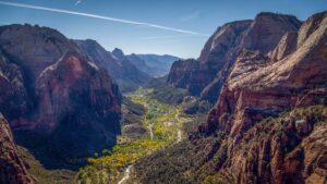 the view from the top of angels landing in zion national park