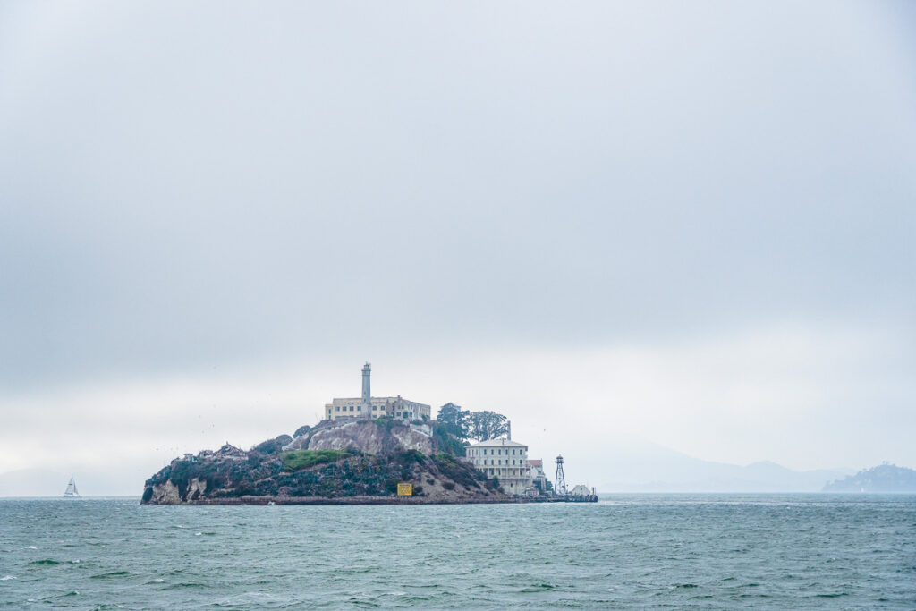 alcatraz island from afar on the ferry from san francisco