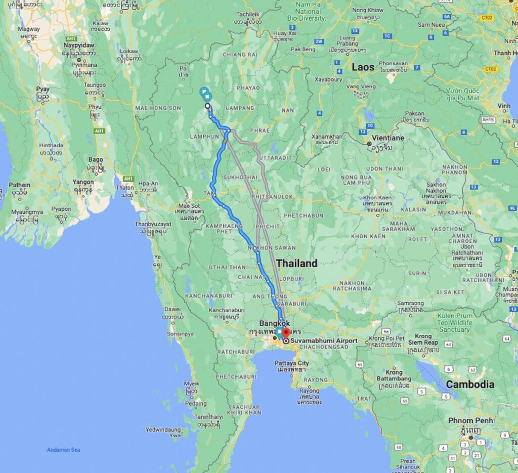 bangkok vs. chiang mai distance on google maps