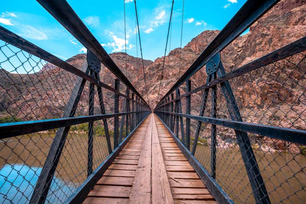 The beautiful bridge that crosses the Colorado River at the end of the South Kaibab Trailhead trek. Grand canyon

