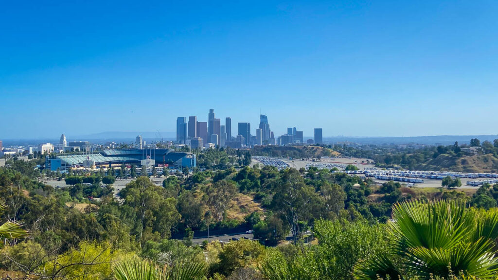 los angeles skyline from afar from hollywood hills