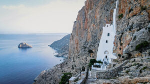 sideview of the hillside monastery of amorgos island, greece