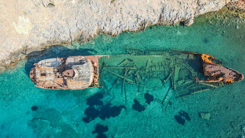 bird's eye view of the olympian shipwreck near Kalotaritissa beach