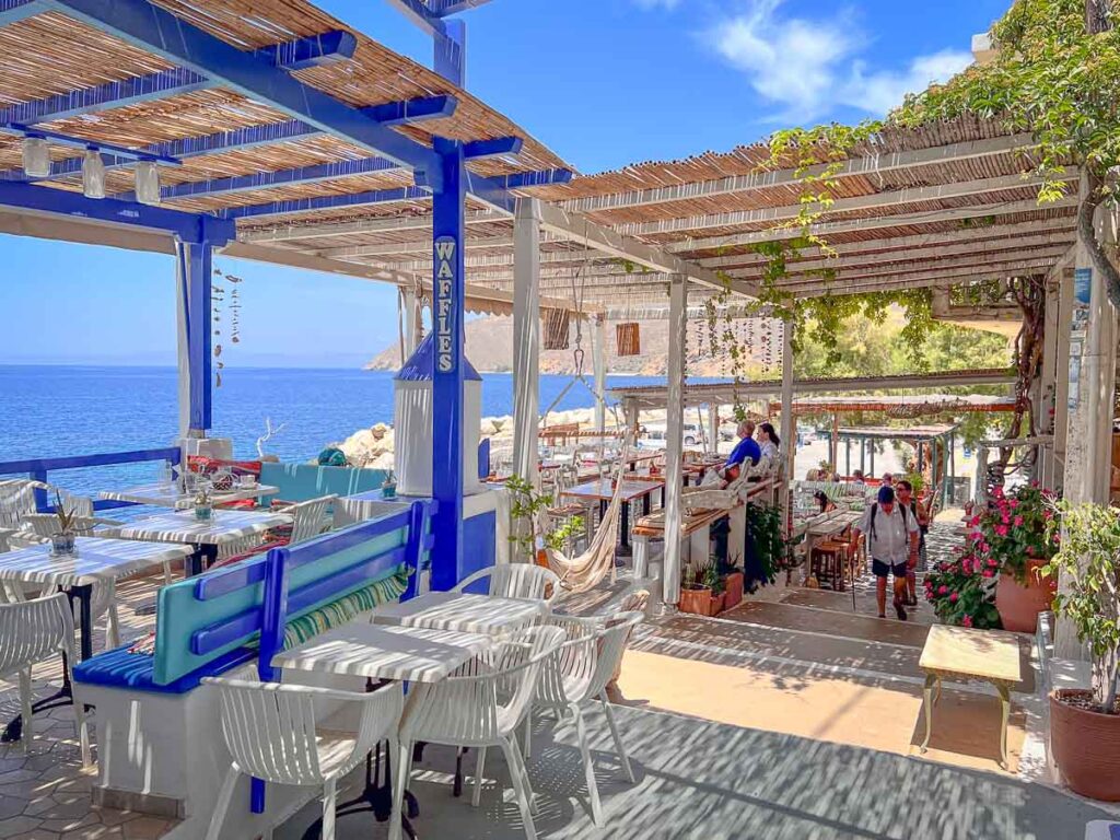The picturesque cafe's of Ormos Aigialis in Amorgos.