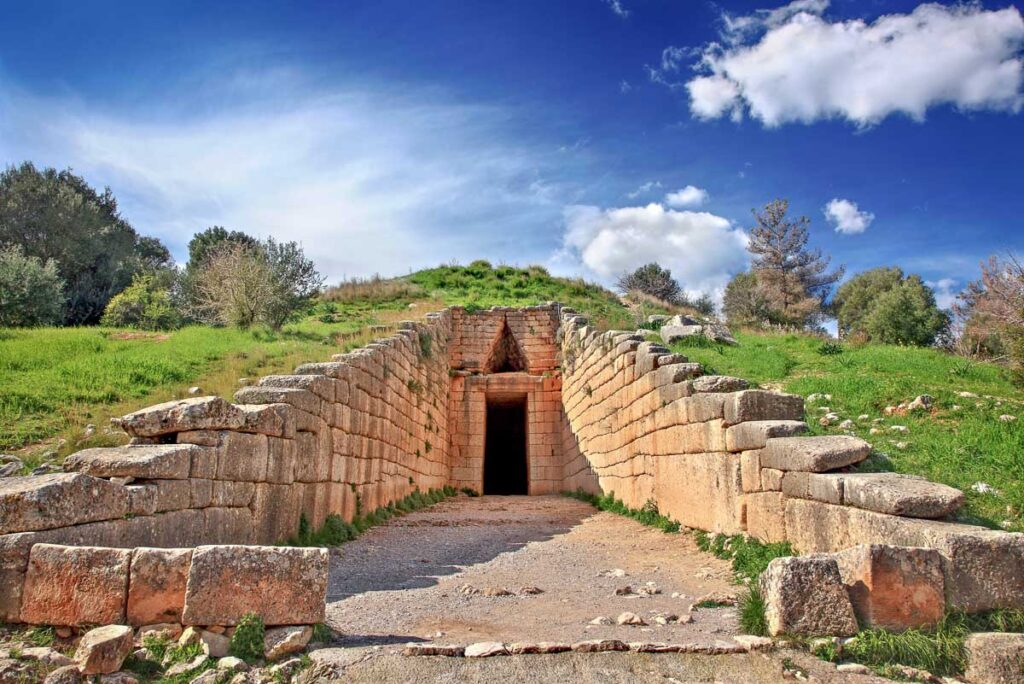 The entrance of the "Treasury of Atreus" in the archaeological site of mycenae, a historical site near athens