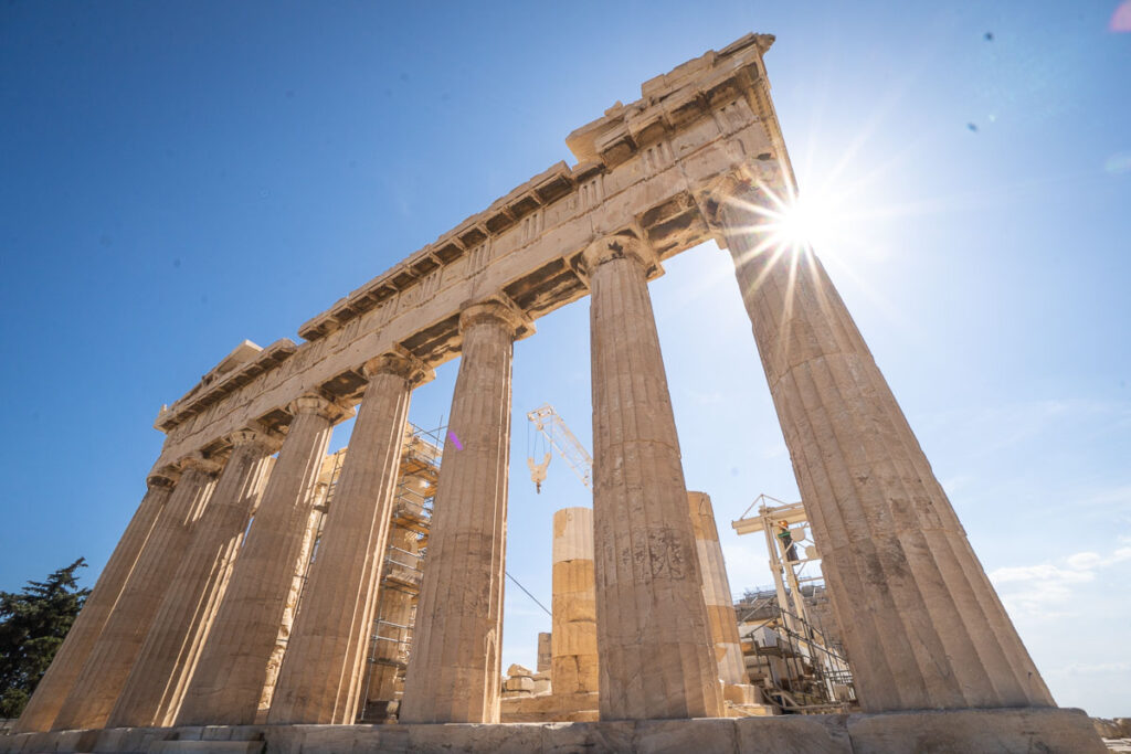 the parthenon from a wide-angle diagonal view