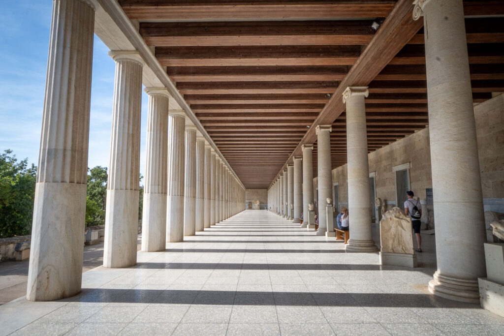 the fully restored columns of the Stoa of Attalos, one of athens historical sites
