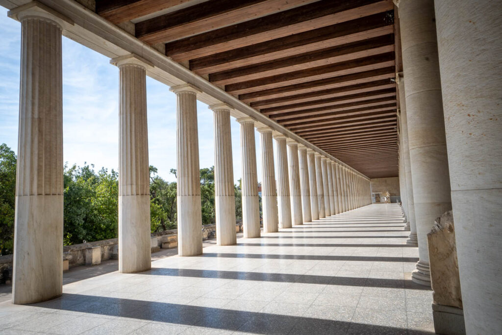 the fully restored columns of the Stoa of Attalos, one of athens historical sites