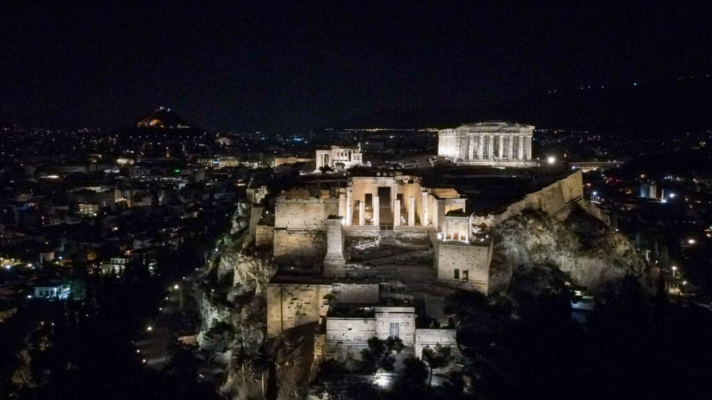 acropolis lit up at night