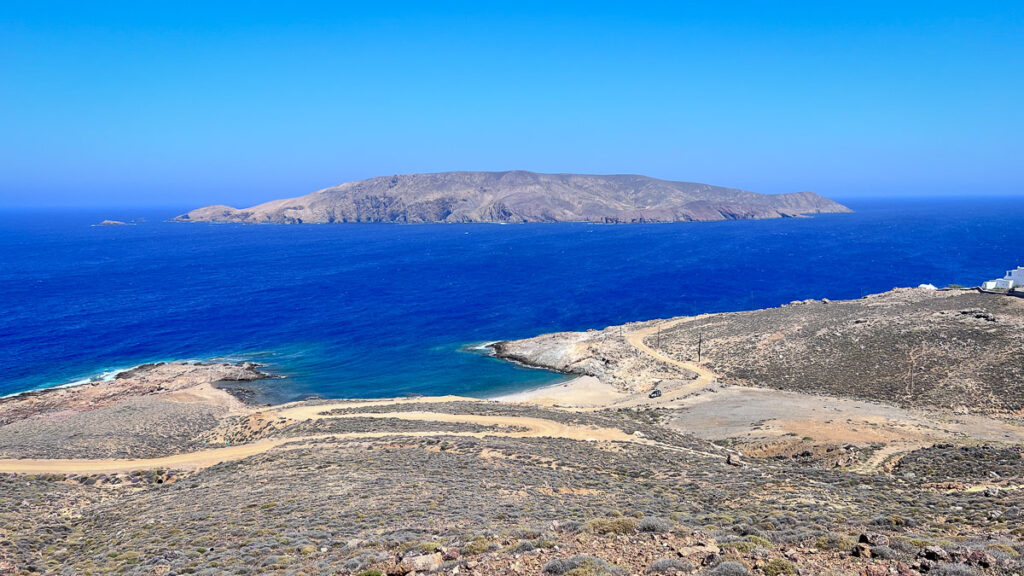 the backsides of mykonos island off the btourist path with sight of surrounding island