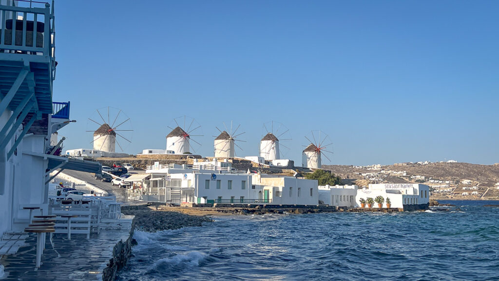 mykonos windmills and sea view from town