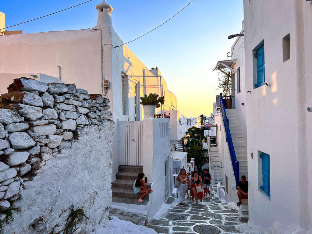 mykonos architecture in the sunset