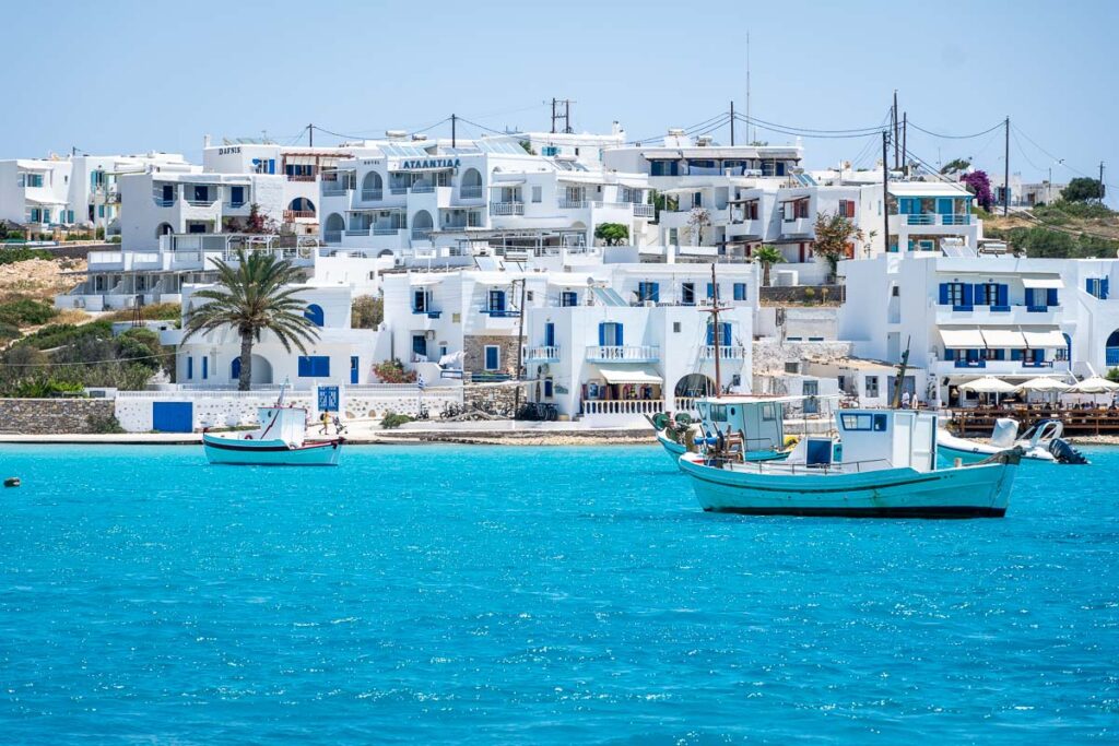 white buildings and blue waters of the main town of koufinisia island