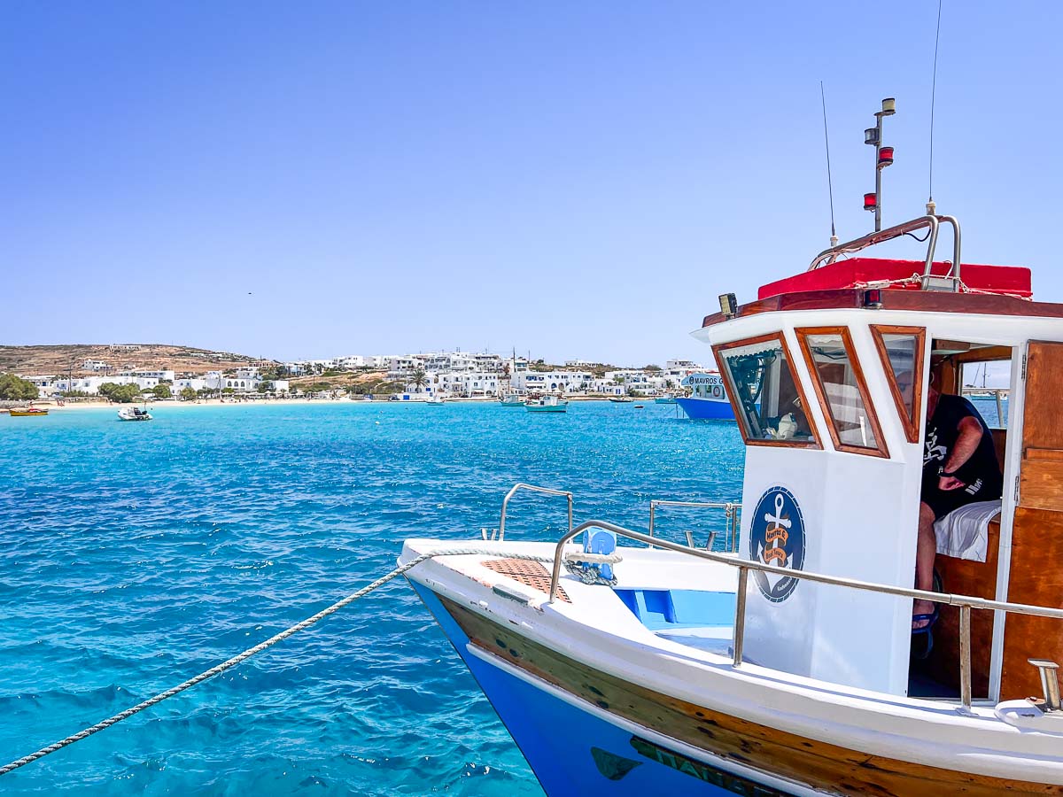 shuttle boat in front of blue Mediterranean sea