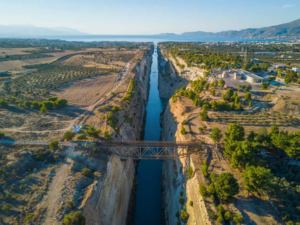 Corinth canal that connects peloponnese with mainland greece