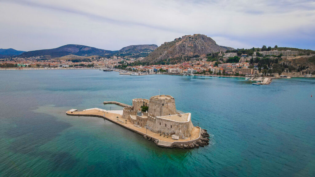 bourtzi castle island with nafplio in the background