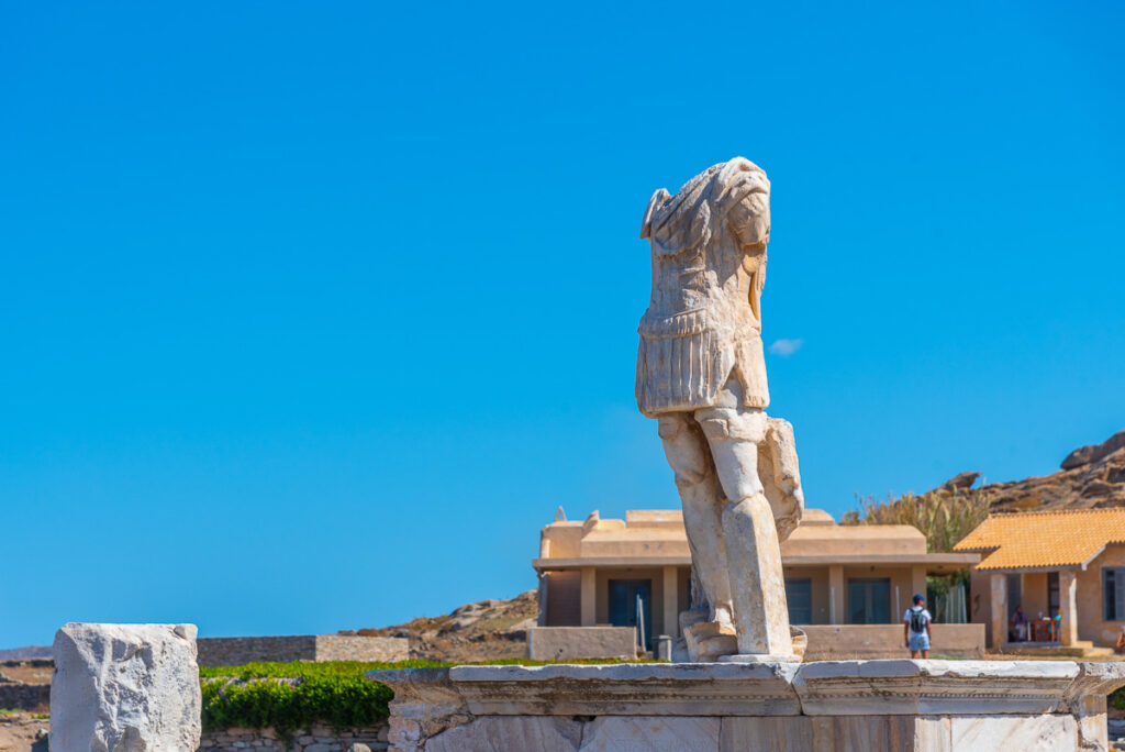 Ancient statue of apollo ruins at Delos island in Greece