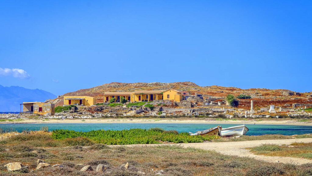delos archaeological site view from land
