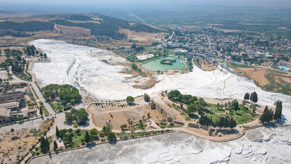 Panoramic views of the Denizli province from the top of Pamukkale's terraced pools