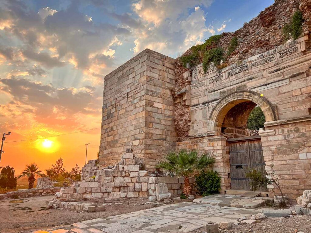 the gates of the ruins of the Basilica of St. John at sunset, one of the best things to do in selcuk