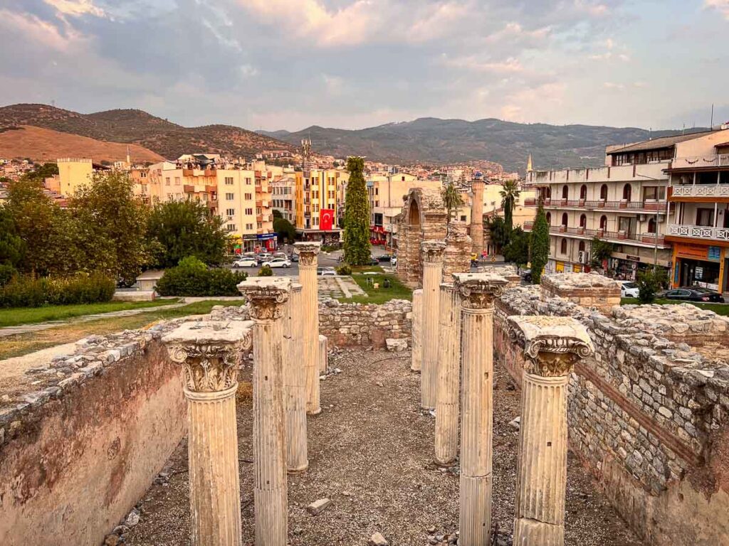 urban landscape of Selcuk, Turkey, at sunste with its unique blend of historical landmarks and modern architecture